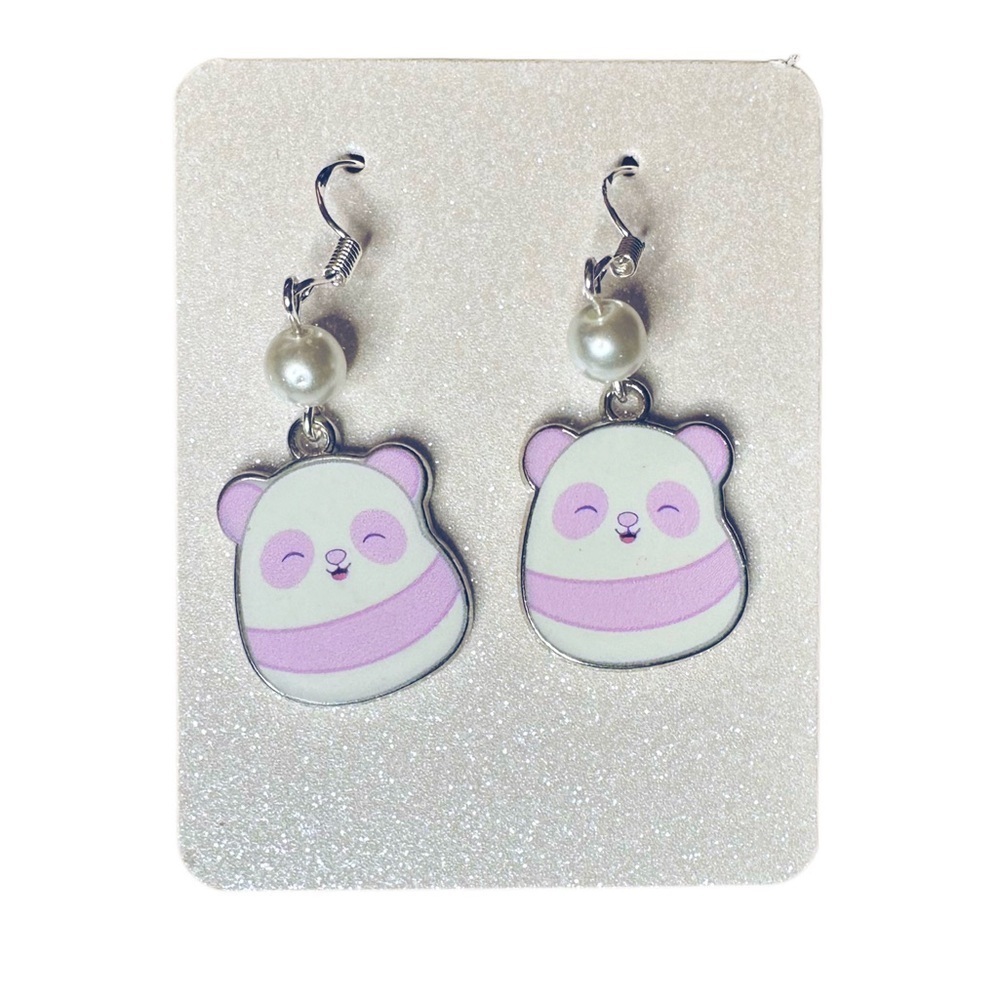 5/$25 😻 Squishmallows Panda Hand Crafted Earrings with Pearl and Purple Accents